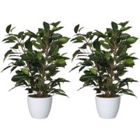 2x stuks groene ficus kunstplant 40 cm met plantenpot glanzend wit D13.5 en H12.5 cm - thumbnail