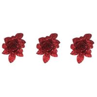 3x Kerstboomversiering bloem op clip rode glitter roos 15 cm - thumbnail