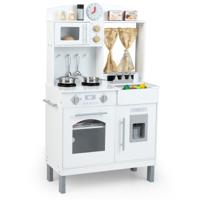 Kinderspeelkeuken Houten Kinderkeuken met 3 Hoogte-instellingen Magnetron Fornuis Gootsteen Oven IJs Machine Wit