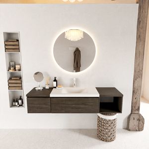 MONDIAZ BUKLA 160cm badmeubel met open module 40 rechts kleur Dark Brown met 2 lades. Wastafel CLOUD midden 1 kraangat kleur Talc.