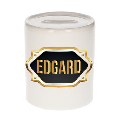 Spaarpot met voornaam Edgard - wit - goud/zwart embleem - 8 x 9 cm - keramiek - afsluitdop