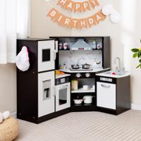 Kinderkeuken voor Kinderen 3+ Hout Speelkeuken met Licht en Geluid Houten Keuken Hoek met Bord Incl. Accessoires (Koffie)