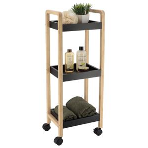 Keuken/badkamer trolley 3 laags - 29 x 21 x 79 cm - zwart - bamboe hout - met wielen