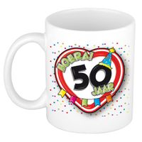 Verjaardag cadeau mok leeftijd 50 jaar - hartje verkeersbord - multi - keramiek - 300 ml