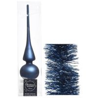 Kerstversiering glazen piek mat 26 cm en folieslingers pakket donkerblauw van 3x stuks