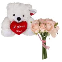 Valentijnscadeau - Beertje en rozenboeket- kunstbloem - wit - cadeau - romantisch