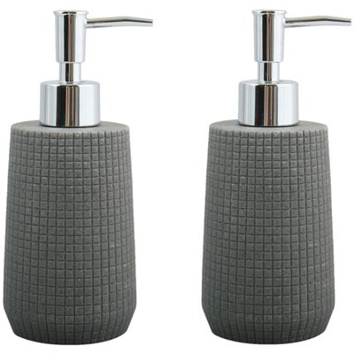 Zeeppompje/zeepdispenser Squares - 2x - kunststeen - donkergrijs - 7 x 18 cm - 275 ml