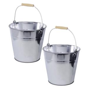 Zinken emmer/plantenpot - Set van 2x stuks - zilver - 8 liter - met houten handvat