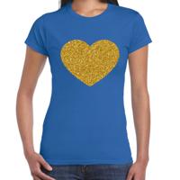 Verkleed T-shirt voor dames - blauw - hartje - glitter goud - themafeest / foute party