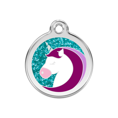 Unicorn Aqua glitter hondenpenning medium/gemiddeld dia. 3 cm - Reddingo