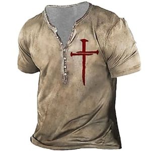 Voor heren T-shirt Henley-shirt Vintage overhemd Vintage Ontwerper Basic Overhemd Tempelierskruis Kruis Korte mouw Overhemd Zwart Khaki Grijs Buiten Dagelijks Sport Henley Zomer Kleding 3D-afdrukken Lightinthebox