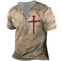 Voor heren T-shirt Henley-shirt Vintage overhemd Vintage Ontwerper Basic Overhemd Tempelierskruis Kruis Korte mouw Overhemd Zwart Khaki Grijs Buiten Dagelijks Sport Henley Zomer Kleding 3D-afdrukken Lightinthebox - thumbnail