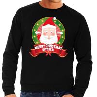 Foute kersttrui - sweater - zwart - Kerstman met hartjes ogen - Merry Christmas Bitches - heren