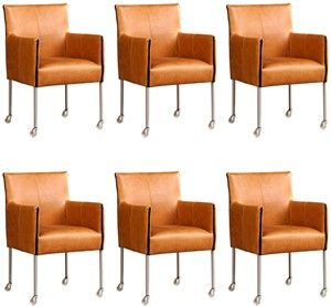 Set van 6 Cognac leren moderne kuipstoel More - poot rond rvs met wiel - Vintage Leer Cognac (cognac leer)