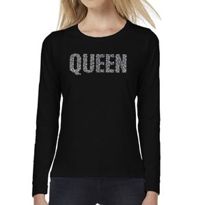 Glitter Queen longsleeve shirt zwart rhinestones steentjes voor dames - Glitter shirt/ outfit