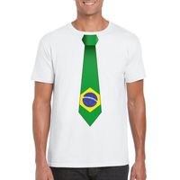 Wit t-shirt met Brazilie vlag stropdas heren