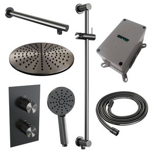 Regendoucheset Inbouw Brauer Gunmetal Carving Thermostatisch 30 cm met 3-Weg Omstelling, Wandarm, Glijstang en 3-Standen Handdouche Geborsteld