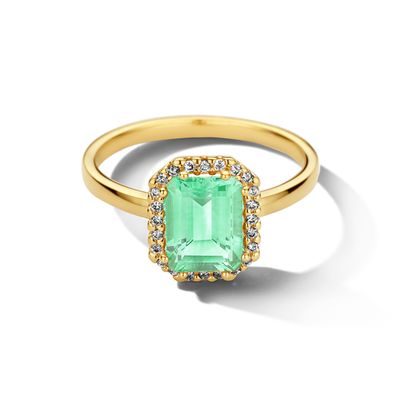 Ring Amethist 1.75ct - Diamant 0.10ct H Si Halo geelgoud-groen-wit