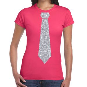 Roze fun t-shirt met stropdas in glitter zilver dames