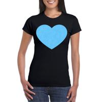 Verkleed T-shirt voor dames - hartje - zwart - blauw glitter - carnaval/themafeest
