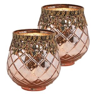 Set van 2x stuks glazen design windlicht/kaarsenhouder rose goud 13 x 14 x 13 cm