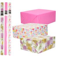 Inpakpapier Cadeaupapier - Kleurenmix - 6x stuks rollen - happy birthday - geld - neon roze Inpakpapier Cadeaupapier - Kleurenmix - 6x stuks rollen - happy birthday - geld - neon roze