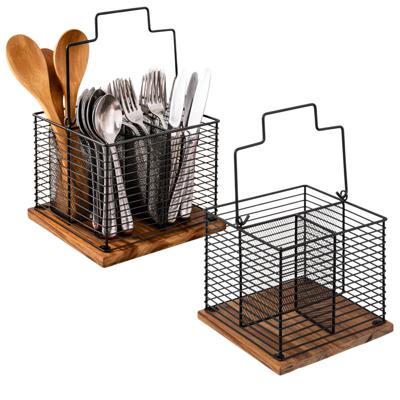 5Five Bestek organizer - 2x - 3 vakken - staal/acaciahout - zwart - 29 x 19 cm - bestekbak