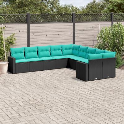 10-delige Loungeset met kussens poly rattan zwart