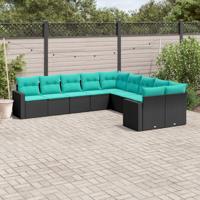 10-delige Loungeset met kussens poly rattan zwart