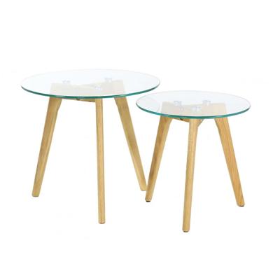 Bijzettafels 2delig - hittebestendig glas - hout - rond - D50 x H43,5 cm - salontafels