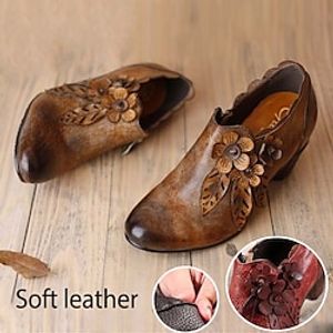 Dames Hoge hakken Grote maten Handgemaakte schoenen Dagelijks Rits Bloem Platte hak Gepuntte Teen Vintage Casual Comfortabel Leer Rits Bloemig Wijn Bruin miniinthebox