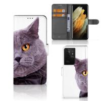 Samsung Galaxy S21 Ultra | Telefoonhoesje | Met pasjeshouder | Kat