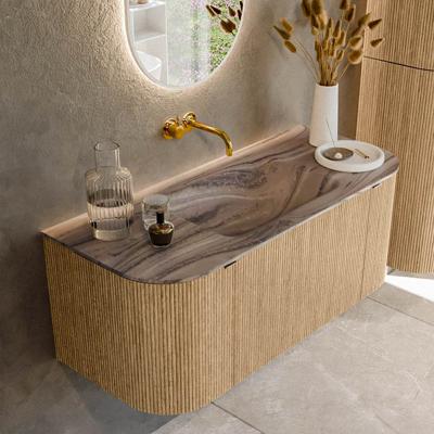 Badmeubel Mondiaz Kurve-Dlux | 110 cm | Meubelkleur Oak | Wastafelkleur Sombra | Solid surface | Wasbak midden spoelbak | Zonder kraangat(en)