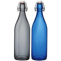 Deco of weckflessen set - 2x stuks - met beugeldop - 30 cm - 1 liter - blauw en grijs
