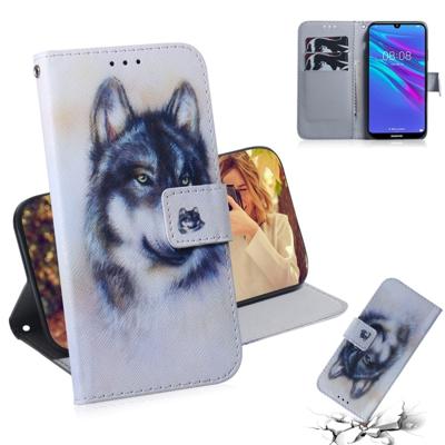 Witte Wolf patroon gekleurde tekening horizontale Flip lederen case voor Huawei Y6 (2019) met houder & card slots & portemonnee