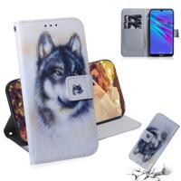 Witte Wolf patroon gekleurde tekening horizontale Flip lederen case voor Huawei Y6 (2019) met houder & card slots & portemonnee
