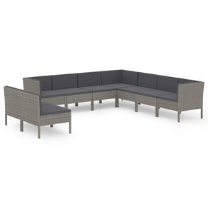 vidaXL 9-delige Loungeset met kussens poly rattan grijs