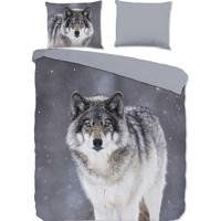 Good Morning Wolfie Flanel Dekbedovertrek Grijs-1-persoons (140 x 200/220 cm)