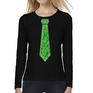 Verkleed shirt voor dames - stropdas pailletten groen - zwart - carnaval - foute party - longsleeve