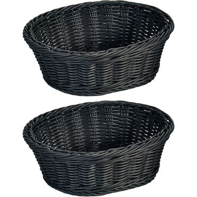 2x Zwarte gevlochten fruitmanden/broodmanden ovaal 20,5 x 25 x 8,5 cm