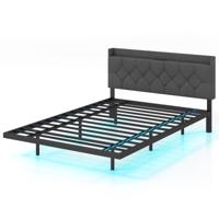 Bed met LED-verlichting Gestoffeerd Bed met Verstelbaar Gewatteerd Hoofdeinde Tweepersoonsbed Bedframe 140 x 200 cm Grijs