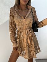 Shirt Collar Lace Plain Elegant Dress With Belt - thumbnail