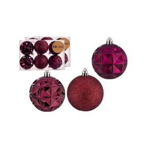 Gedecoreerde kerstballen - 12x stuks - wijn rood - kunststof - 7 cm