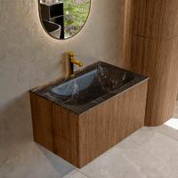 Badmeubel Mondiaz Kurve-Dlux | 70 cm | Meubelkleur Walnut | Wastafelkleur Lava | Solid surface | Midden spoelbak | 1 kraangat Badmeubel Mondiaz Kurve-Dlux | 70 cm | Meubelkleur Walnut | Wastafelkleur Lava | Solid surface | Midden spoelbak | 1 kraangat