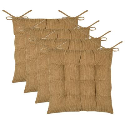 Stof Textile stoelkussen Dandy - 4x - camel - 38 x 38 x 5 cm - touwtjes sluiting - ribcord