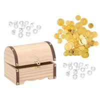 Houten piraten schatkist 15 x 10 cm met 100x plastic gouden piraten geld munten en edelstenen