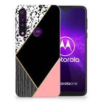 Motorola One Macro TPU Hoesje Zwart Roze Vormen - thumbnail