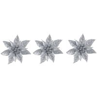 3x Kerstboomversiering op clip zilveren glitter bloem 15 cm - thumbnail