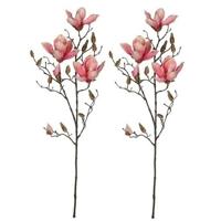 Mica Decorations Kunstbloem - 2x - magnolia beverboom - roze - 80 cm - kunsttak