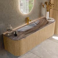 Badmeubel Mondiaz Kurve-Dlux | 150 cm | Meubelkleur Oak | Wastafelkleur Sombra | Solid surface | Wasbak midden spoelbak | 1 kraangat